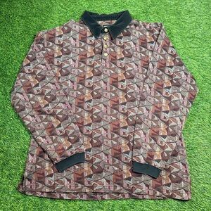 Vintage Bachrach XL Abstract Geometric Knit Polo Shirt Brown Corduroy Collar 90s